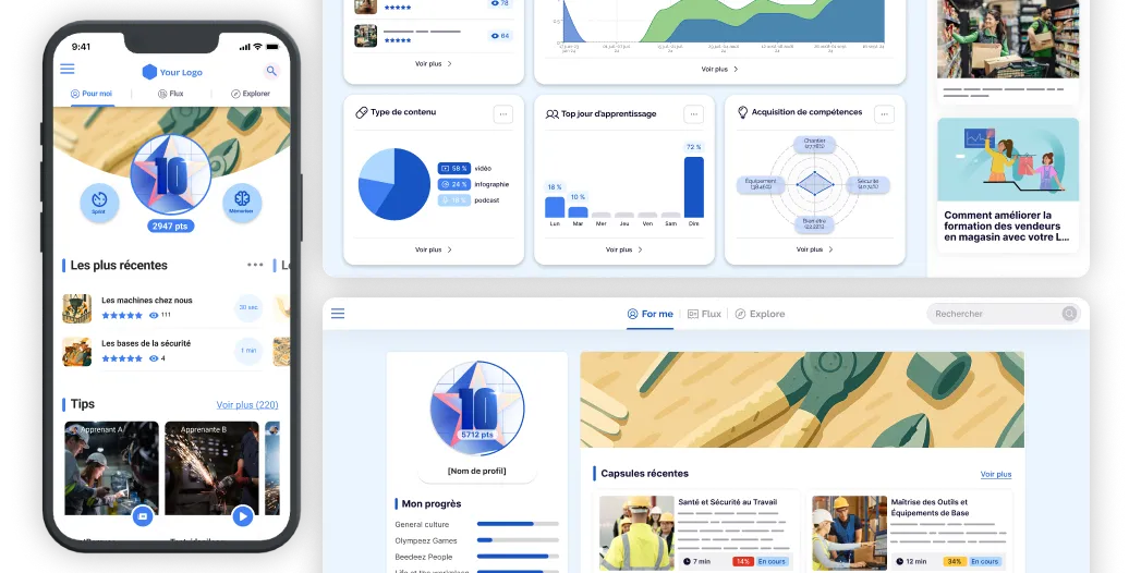 Interface d'application de formation professionnelle montrant des tableaux de bord avec graphiques, progression utilisateur, capsules récentes et conseils sécurité au travail.